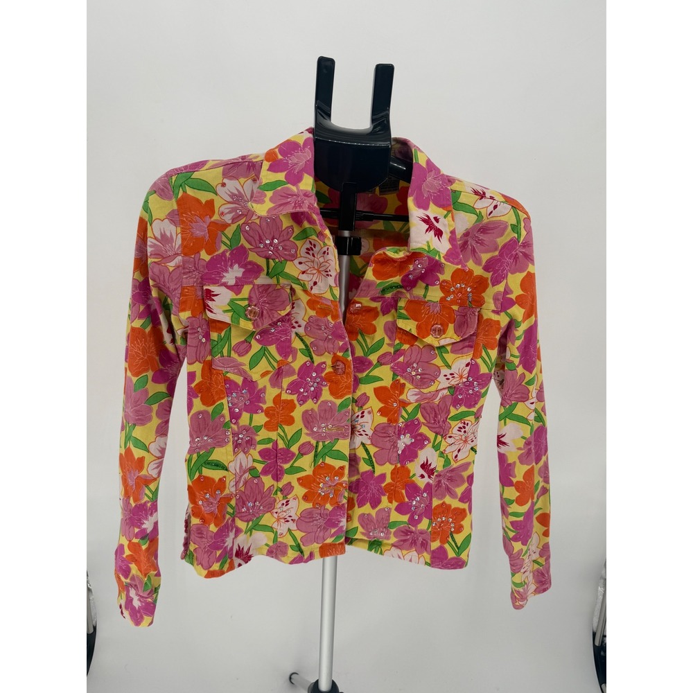 New Identity Floral Denim Jacket Womens Size M Yellow Pink Good Rhinestone Y2K